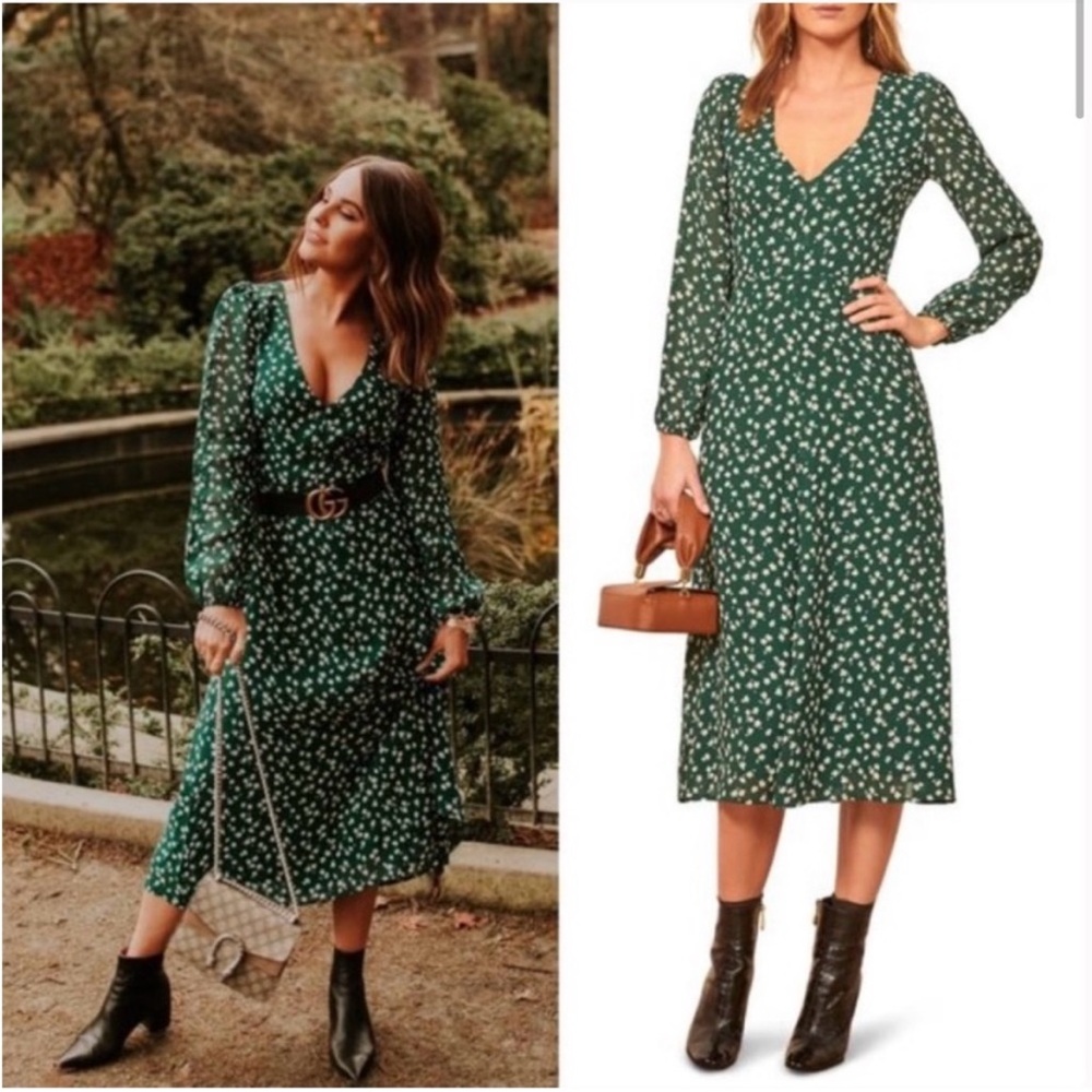 REFORMATION Joy Dress Annette Print Green White Ditsy Floral Open Back Women's 0 - Picture 4 of 16